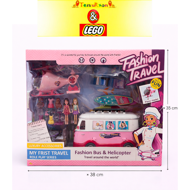 Большой игровой набор для девочек Fashion Travel — Розовый автобус-кемпер и Вертолет с куклами и аксессуарами (38х35 см)