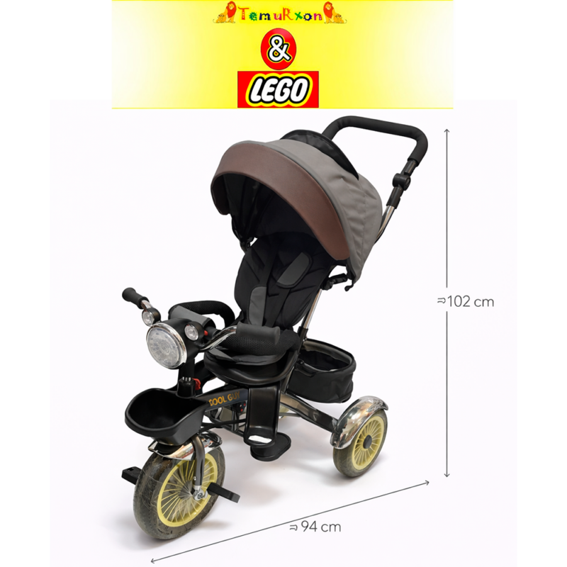 Детский трёхколёсный велосипед с ручкой управления, фара, корзина, серый, от 1 года