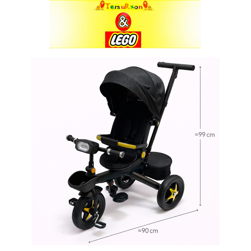 Детский трёхколёсный велосипед-коляска с родительской ручкой, чёрный с жёлтыми элементами