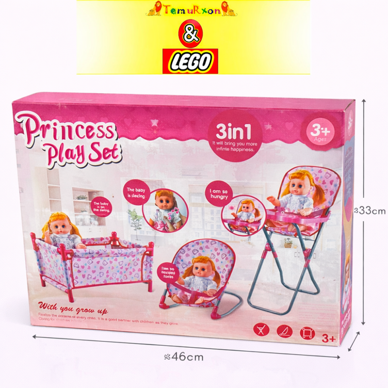 Игровой набор для кукол Princess Play Set 3-в-1 с кроваткой, стульчиком и качалкой 3+