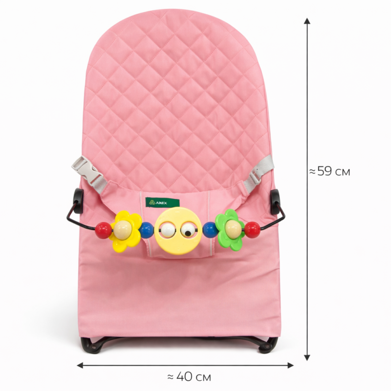 Детский шезлонг-качалка 40×59 см с дугой и игрушками  кресло для новорождённых 0+, складной, мягкий Розовый