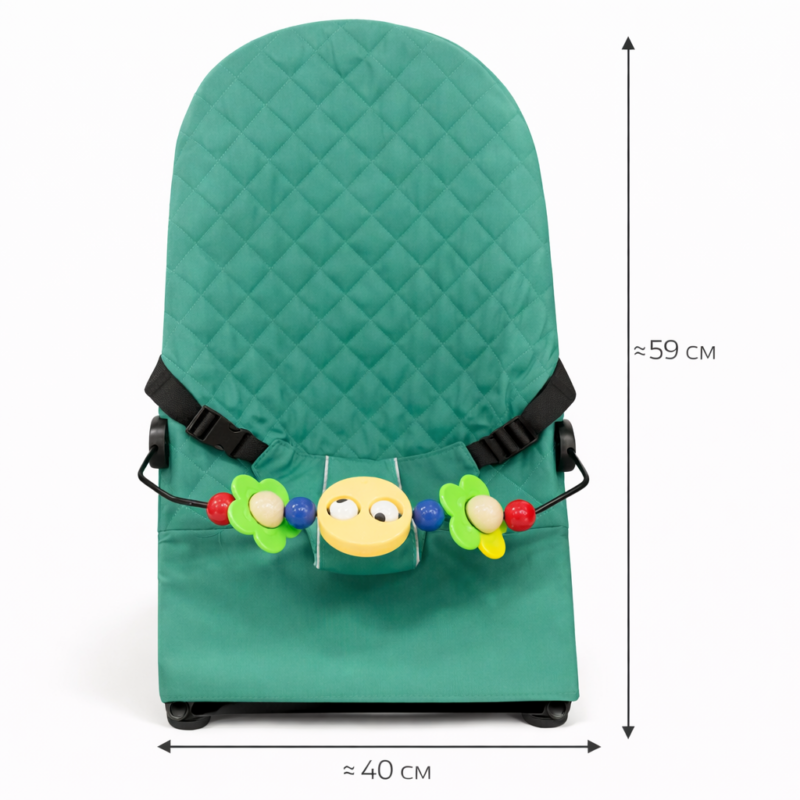Детский шезлонг-качалка 40×59 см с дугой и игрушками  кресло для новорождённых 0+, складной, мягкий Зеленый
