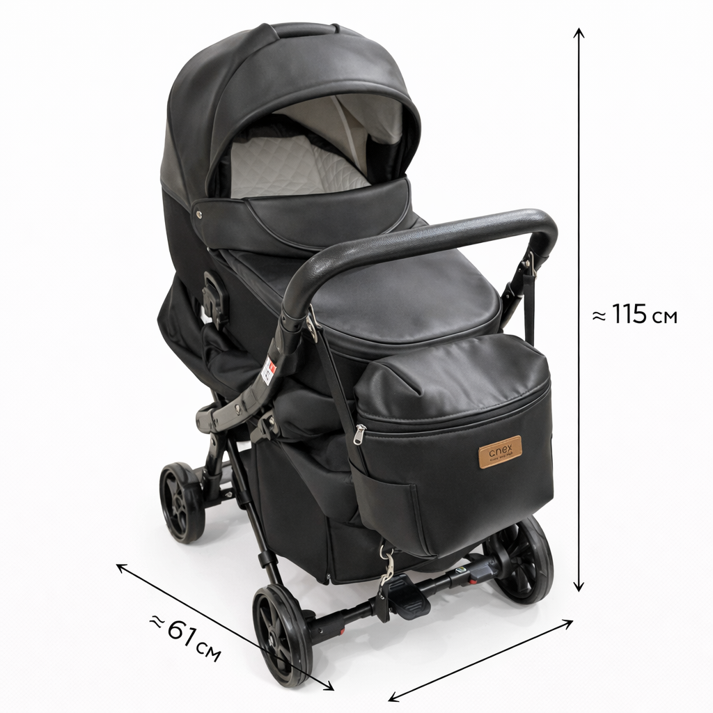 Коляска 2-в-1 ANEX Black 115×61 см — люлька и прогулочный блок, премиум модель