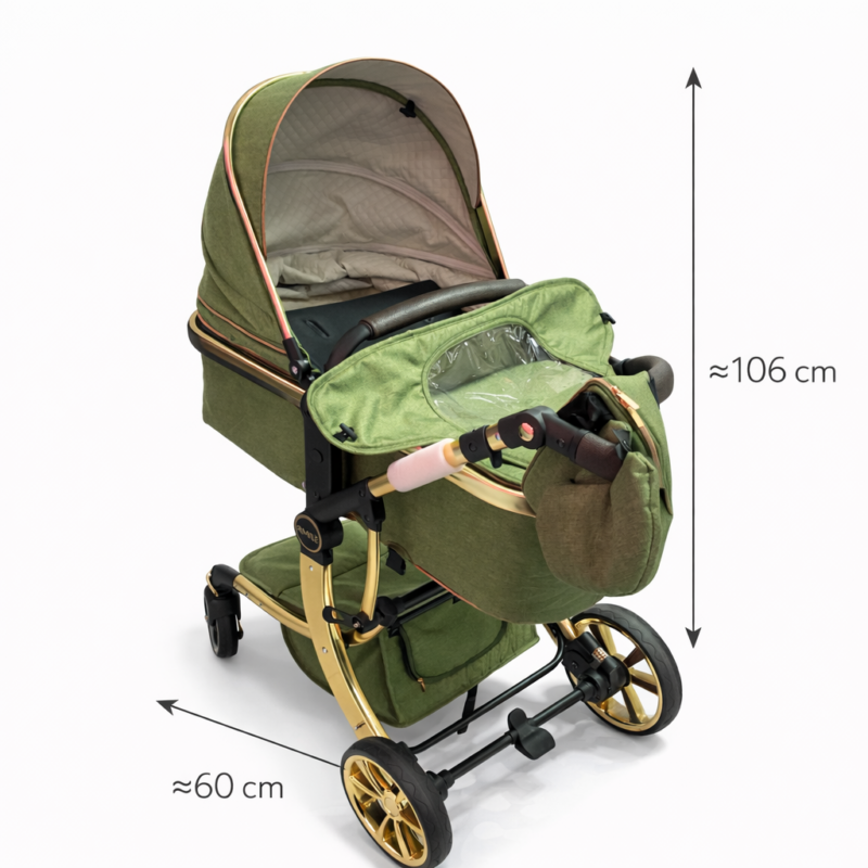 Коляска 2-в-1 Green Gold 106×60 см — люлька и прогулочный блок, золотая рама