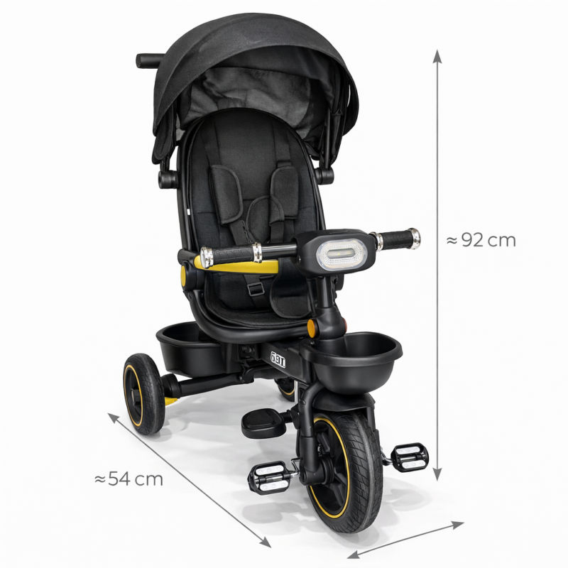 Детский трёхколёсный велосипед-коляска Black Yellow Sport с фарой и родительской ручкой