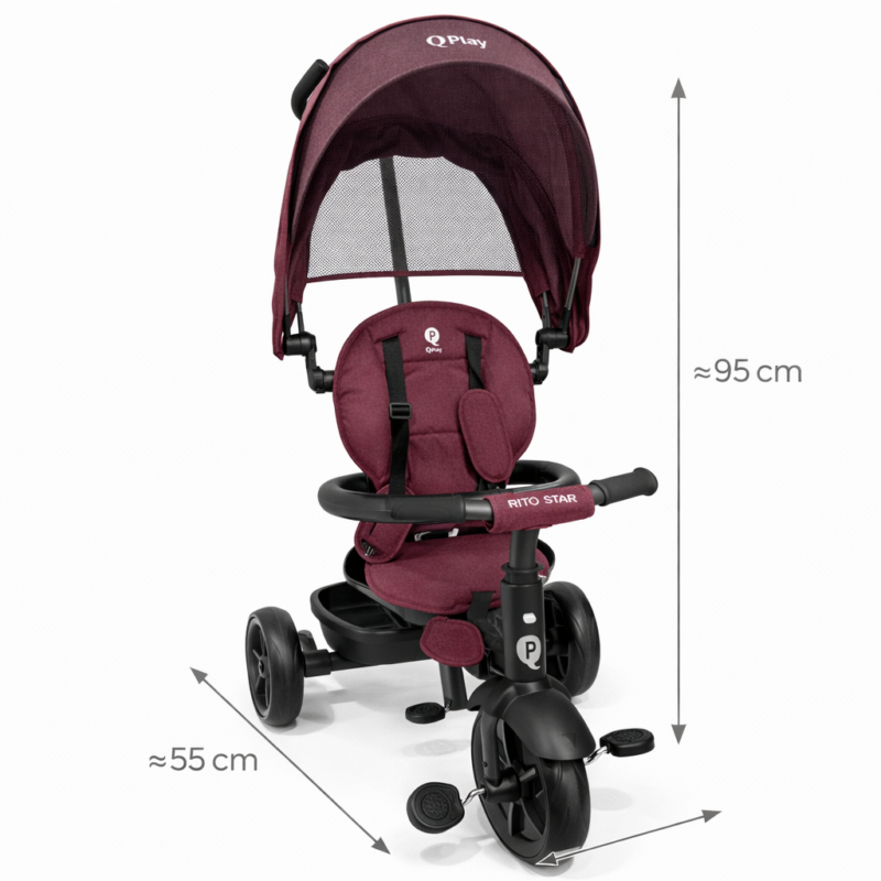 Велосипед-коляска QPlay Rito Star 3-в-1 бордовый — с родительской ручкой и капюшоном