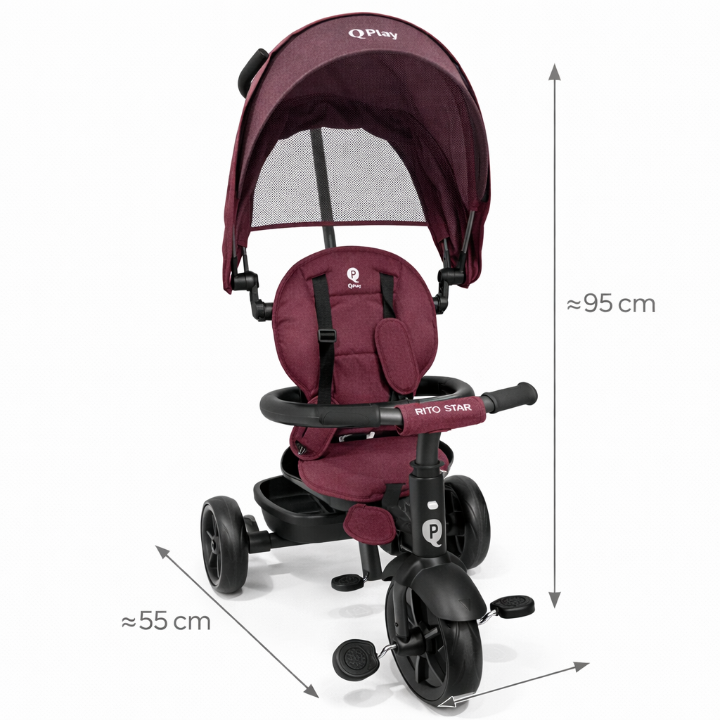 Велосипед-коляска QPlay Rito Star 3-в-1 бордовый — с родительской ручкой и капюшоном
