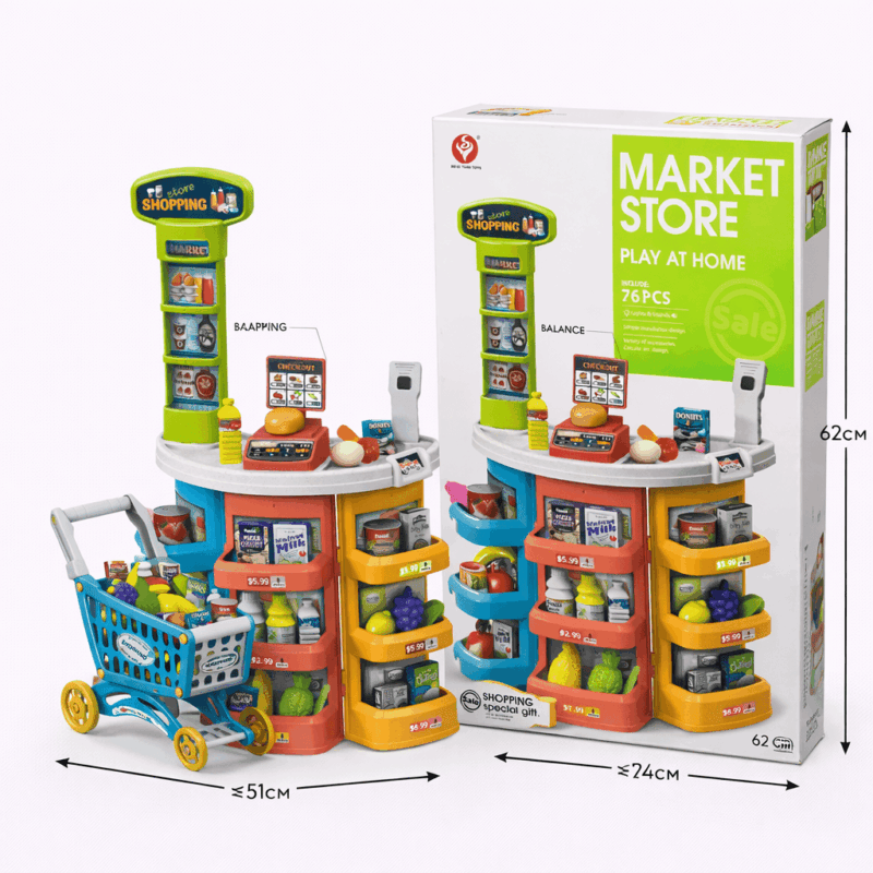 Детский супермаркет Market Store с тележкой и кассой 76 предметов — игровой набор магазин