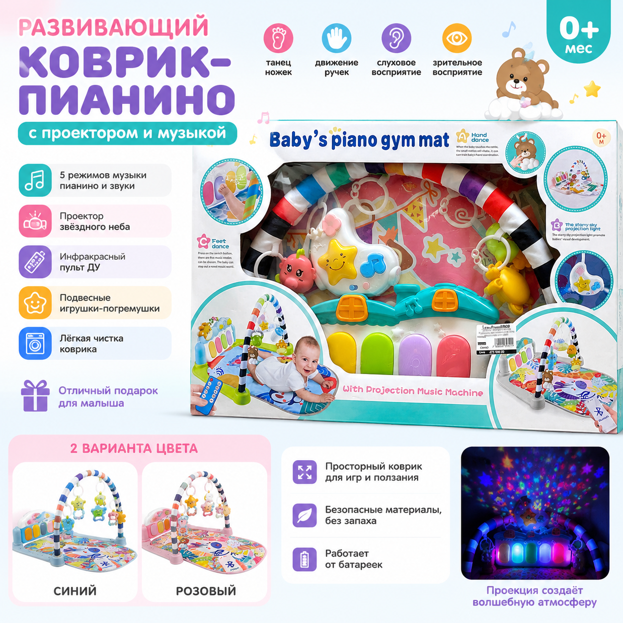 Развивающий коврик пианино с проектором и музыкой для новорождённых
