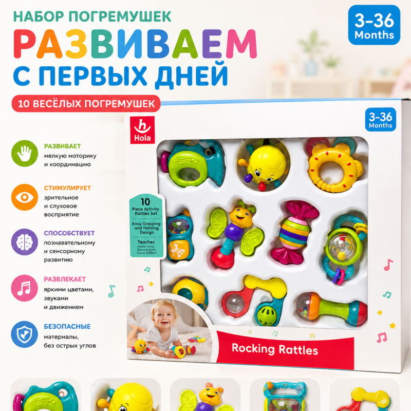 Набор развивающих погремушек для малышей 3–36 месяцев