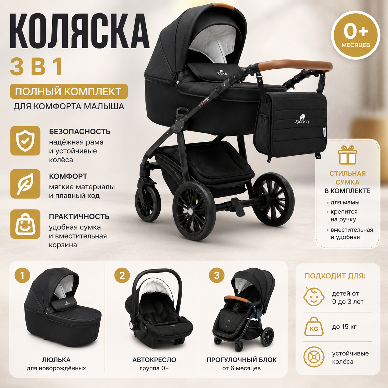 Детская коляска 3 в 1 с автокреслом и люлькой