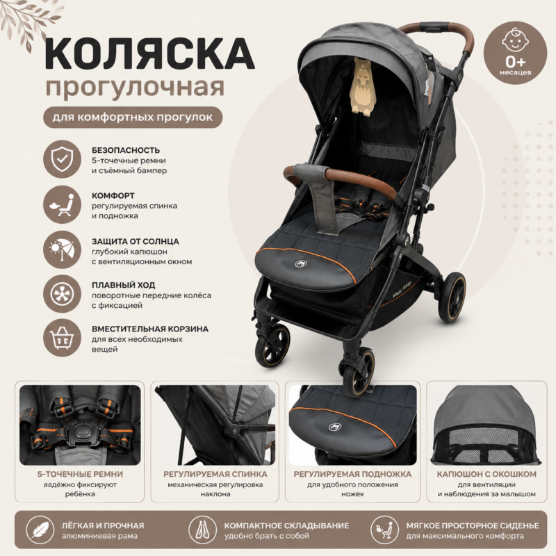 Коляска прогулочная для детей Grey