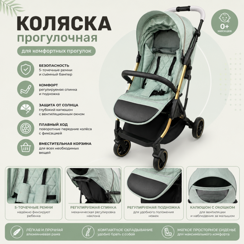 Детская прогулочная коляска компактная Mint