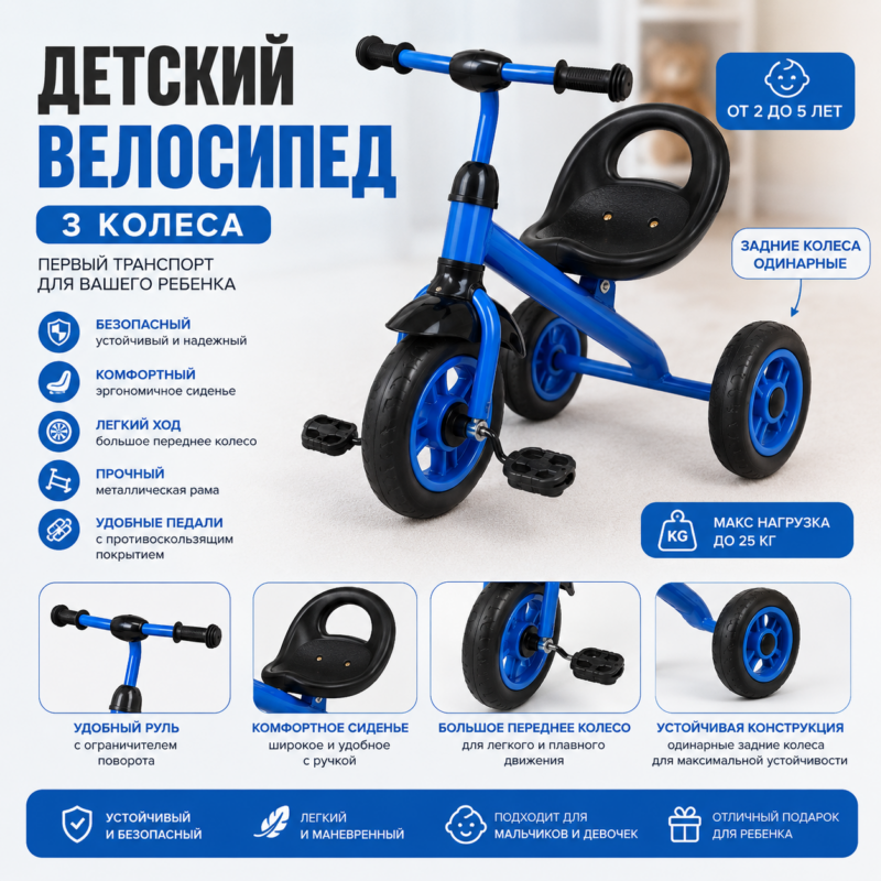 Детский трёхколёсный велосипед для детей 2–5 лет