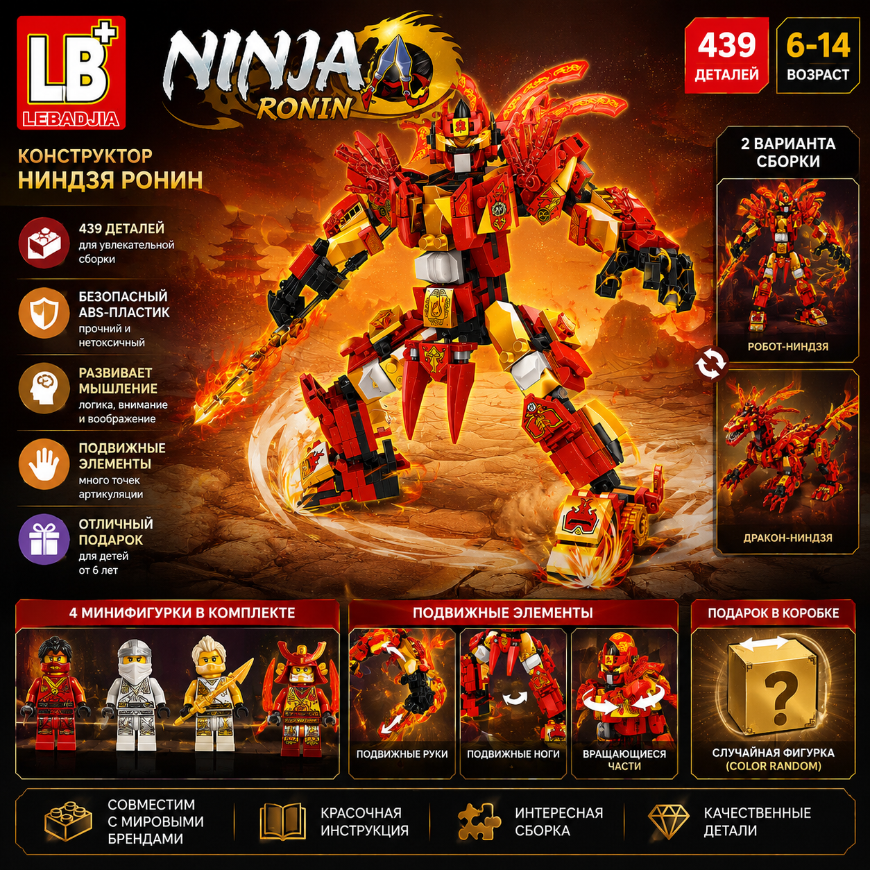 Конструктор Ниндзя Ронин LB Ninja Ronin, 439 деталей, 2 в 1