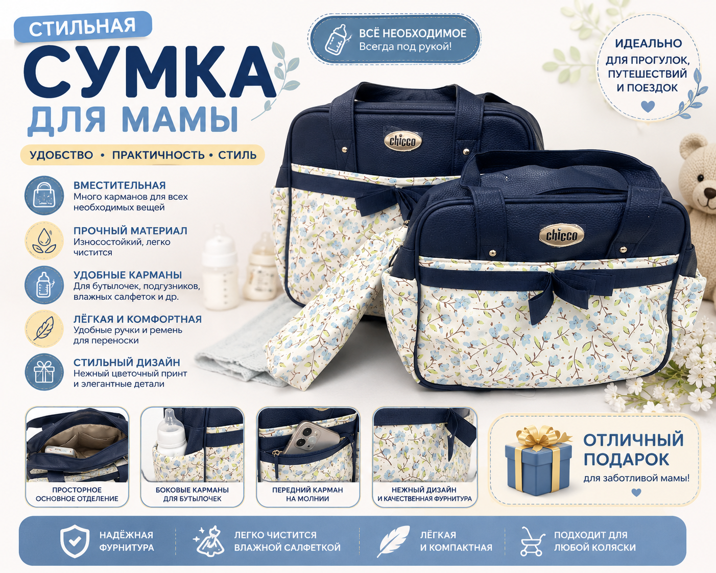 Сумка для мамы Chicco (цветочный принт)