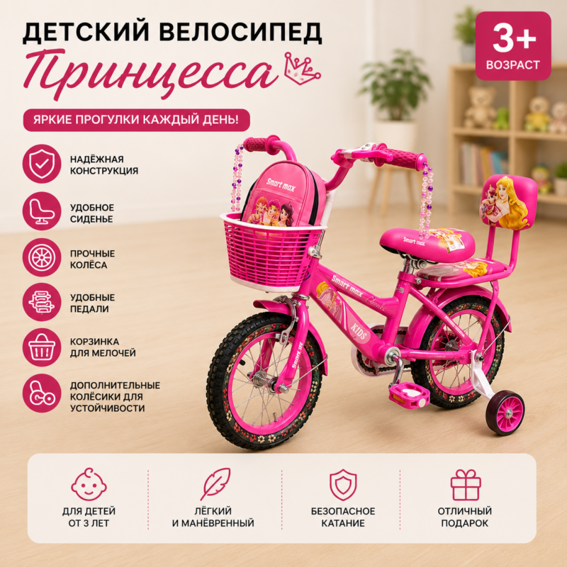 Детский Велосипед «Принцесса» с Дополнительными Колёсами Розовый