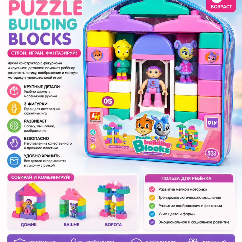 Конструктор Puzzle Building Blocks 53 Детали с Фигурками