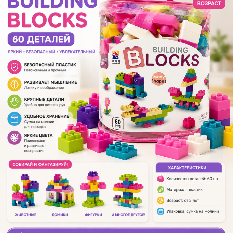 Конструктор Building Blocks 60 Деталей в Сумке