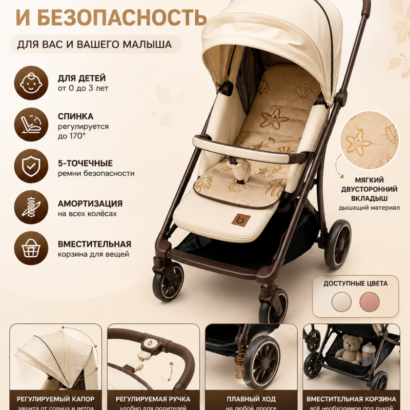Детская прогулочная коляска (кремовая)