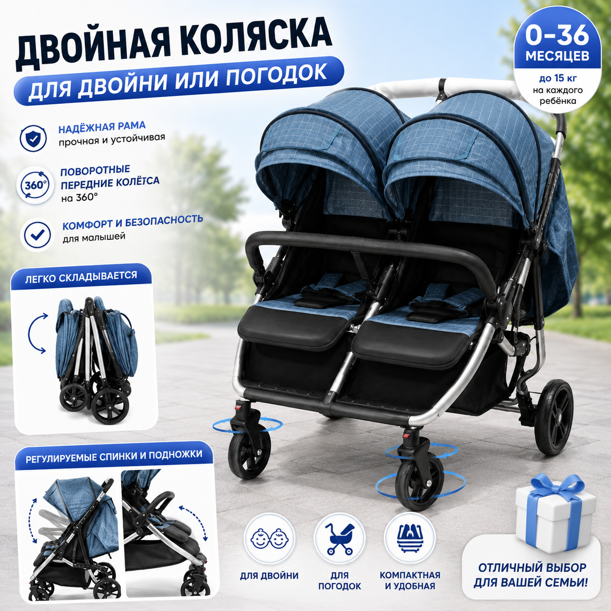 Двойная детская коляска (синяя)