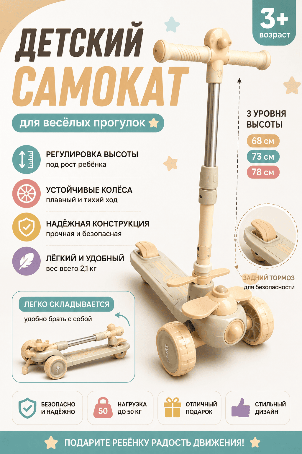 Детский самокат — бежевый