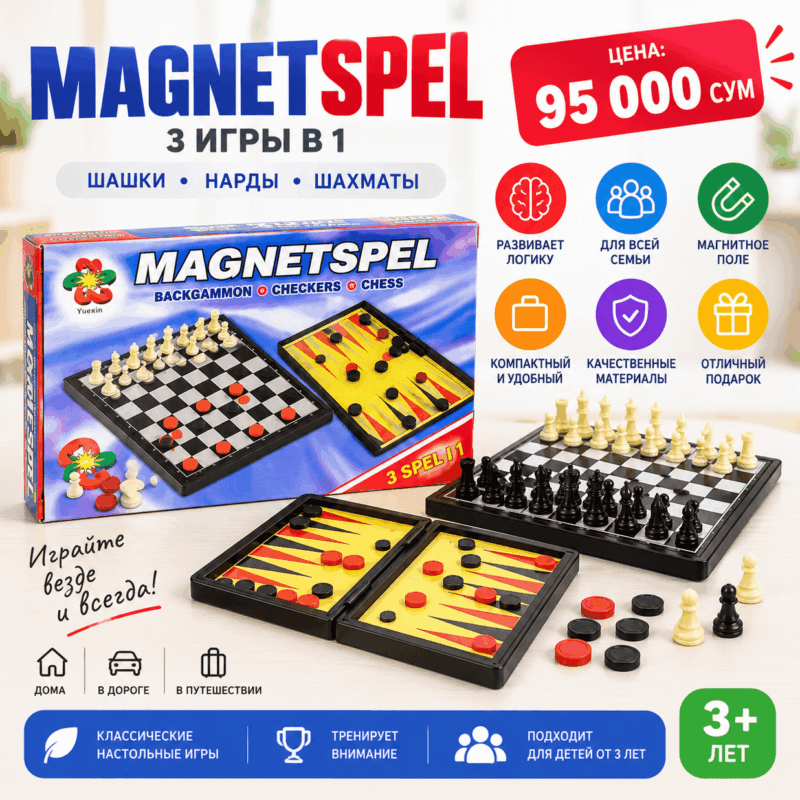 Магнитная настольная игра MAGNETSPEL 3 в 1 — шахматы, шашки и нарды