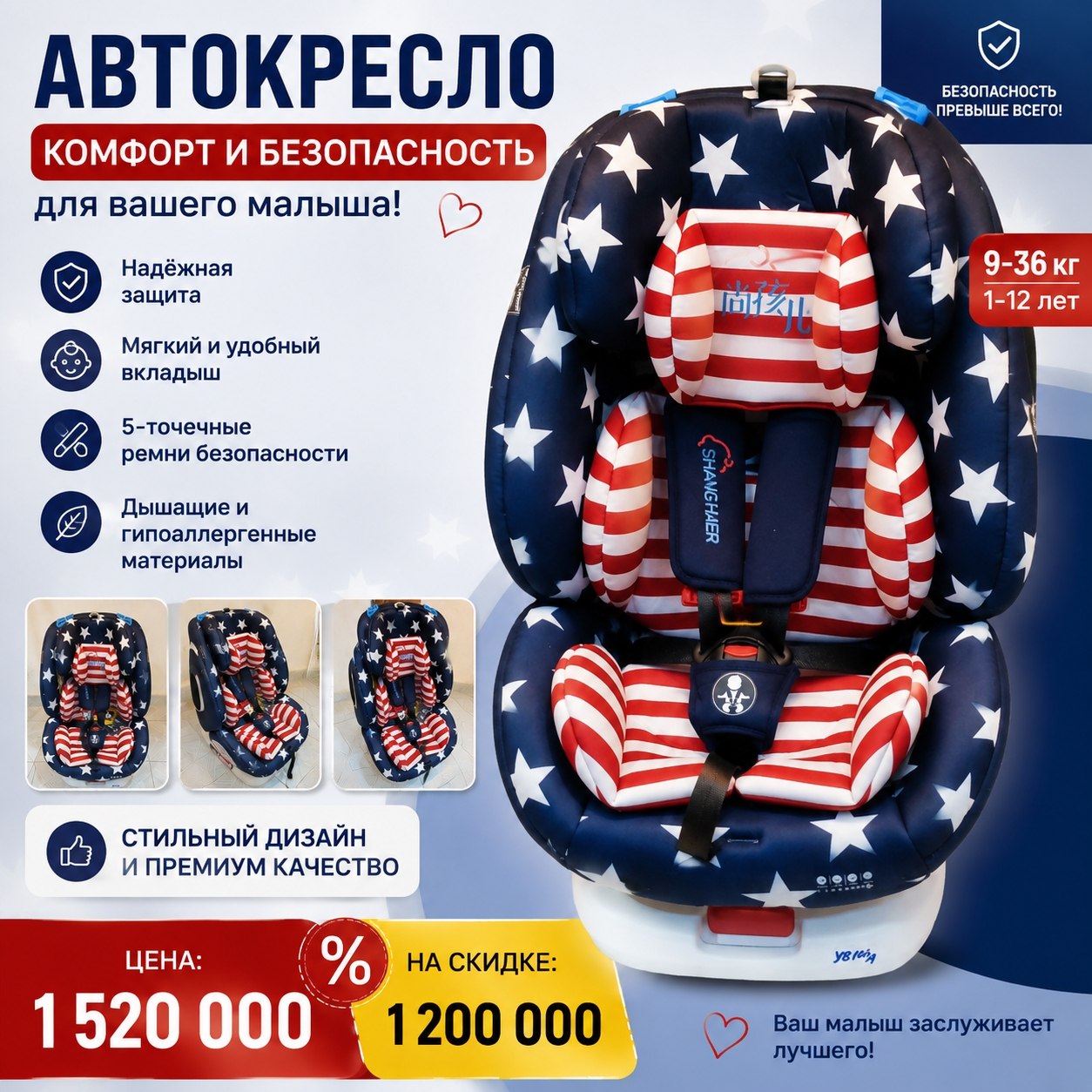 Детское автокресло 9–36 кг с 5-точечными ремнями и мягким вкладышем